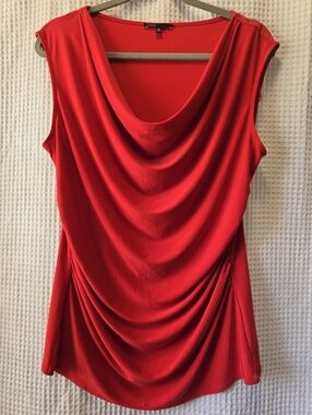 Chaus Silky Cherry Red Drape Neck Sleeveless Blouse,  Cinched Side Panels Large